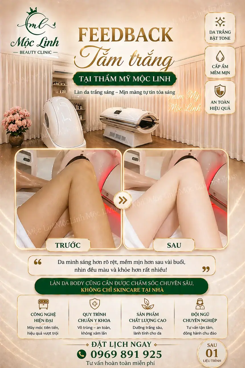 Kết quả tắm trắng da sáng đều màu trước và sau tại Mộc Linh